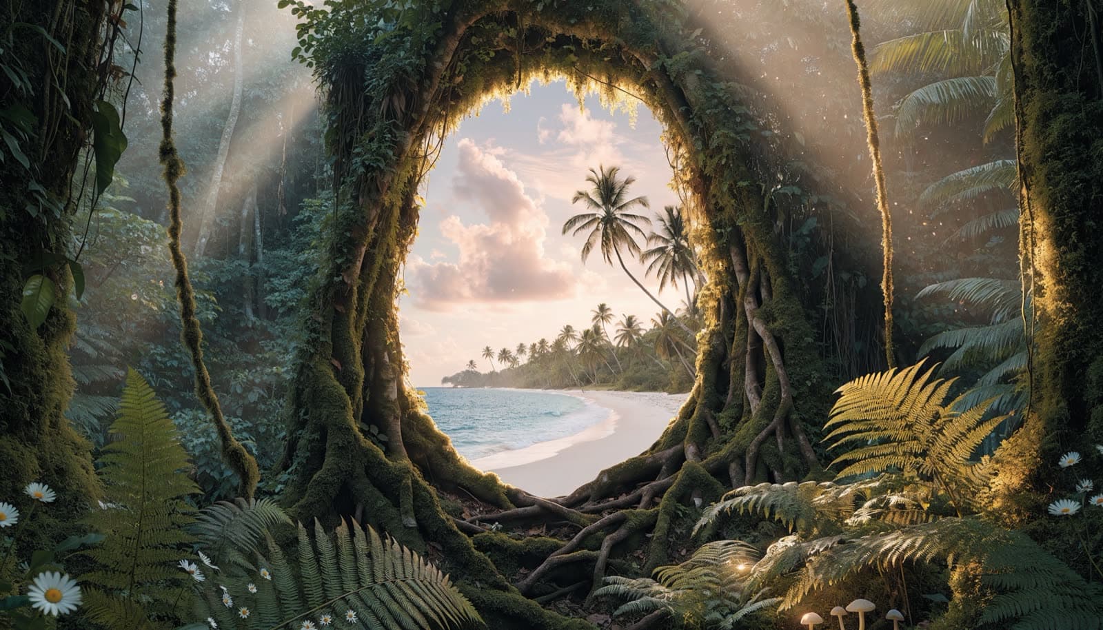 A natural archway of mossed roots framing a glowing Brazilian beach at golden hour